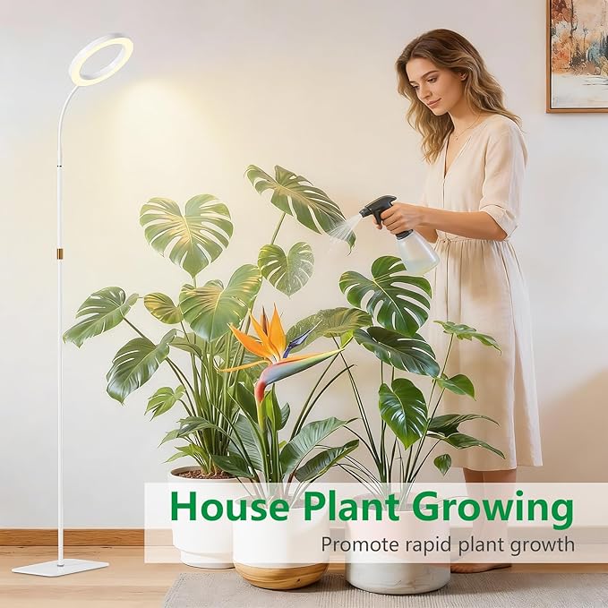 One Head Grow Light for Indoor Plants Full Spectrum - Floor Standing Plant Lamp with Auto Timer 6/12/18H, 5-Level Dimmable & Adjustable Height 16.5-68in for Large Tall Plants | White