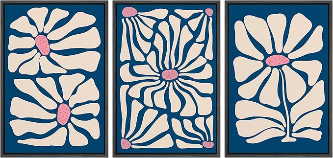 Ashbrook Framed Canvas Print Wall Art Set Mid-Century Modern Navy Blue Flowers Nature Wilderness Illustrations Modern Art Floral Botanical Minimal Calm/Relax/Cozy for Bedroom - 24"x36"x3 Black