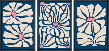 Ashbrook Framed Canvas Print Wall Art Set Mid-Century Modern Navy Blue Flowers Nature Wilderness Illustrations Modern Art Floral Botanical Minimal Calm/Relax/Cozy for Bedroom - 24"x36"x3 Black