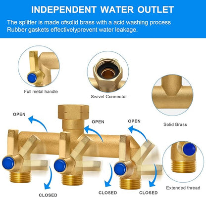 Brass Garden Hose Splitter, 3 Way Hose Splitter, Outdoor Hose Splitter, GHT 3/4 In. Female Inlet And 3 Way 3/4 In, (Increase Flow Style)