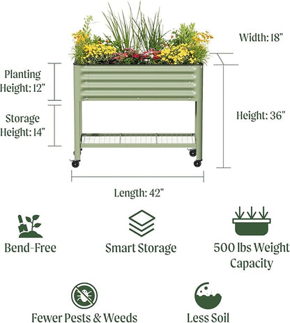 Rolling Elevated Raised Garden Bed - Slim Series, 1.5' x 3.5' Outdoor Planters Boxes with Legs & Storage Rack for Patio, 500 Lbs Weight Capacity, Raised Beds for Gardening Herbs Flowers, Pearl White