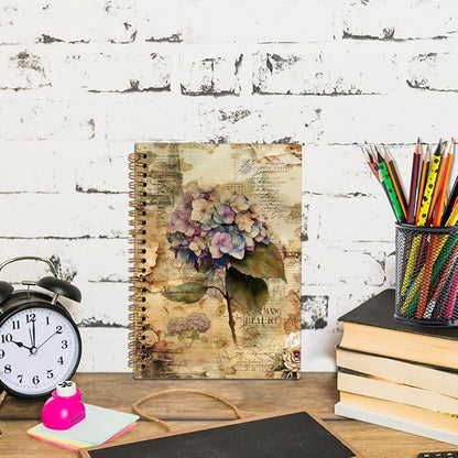 Classical Hydrangea Spiral Notebook, Vintage Mid Century Floral Journal Notebook, Hydrangea Flower Journaling Notebooks for Women, Retro Floral Office School Supplies Gifts, 5.5x8.3 Inch
