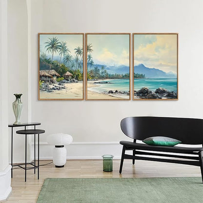 Rantodecor Tropical Coastal Framed Canvas Wall Art, Beach Landscape Posters Wall Decor, Island Palm Trees Beach House Art Paintings, Seascape Mountains Artwork for Bedroom Living Room Office 16"x24"x3