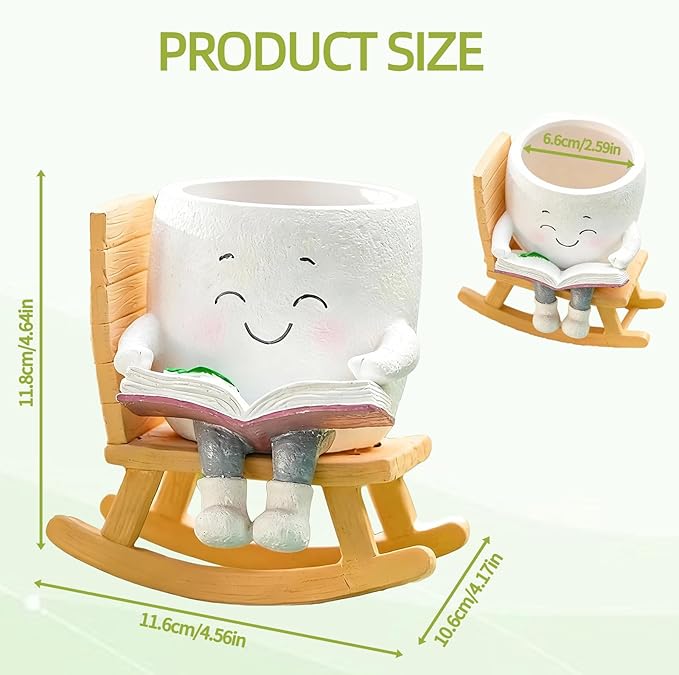 Adorable Smiley Face Reading Flower Pot, Unique Rocking Chair-Style Resin Plant Pot with Drainage Holes, Suitable for Indoor/Outdoor Planting and Home Decor (B)
