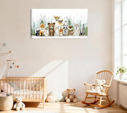 Woodland Animal Nursery Canvas Wall Art Watercolor Forest Baby Animal Painting Picture Nursery Wall Decor Fox Bear Deer Poster Print for Boys Room Girls Room Home Decoration 24 x 12 Frame