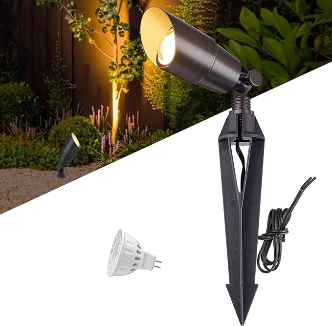 Brass Landscape Spotlights: Solid Brass Landscape Lights, Waterproof 12V Low Voltage Spot Lights with 5W MR16 LED Bulb (Warm White) for Garden, Patio, Lawn & Yard