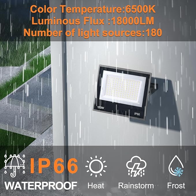 XXBSAZ 150W LED Flood Light Outdoor, High Output Plug-in & Hardwired Security Work Light, IP66 Waterproof 6500K Daylight for Large Yards, Workshops & Barn Exteriors (2 Pack)