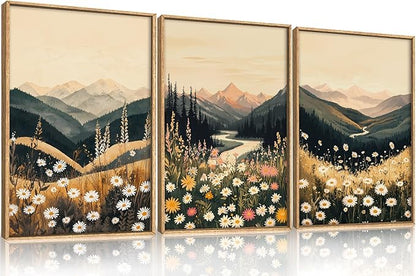 Large Boho Wildflower Framed Canvas Wall Art,Vintage Mountain Wall Decor,Nature Floral Prints,Rustic Daisy Landscape Artwork for Living Room,Bedroom,Dining Room -24"x36"x3