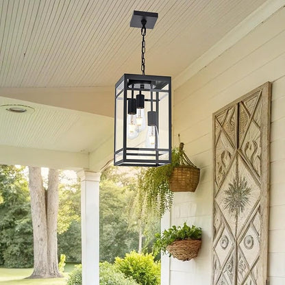 Large Outdoor Pendant Light for Porch, Black 3 Lights Outdoor Pendant Light Fixtures, Modern Hanging Light Fixture, Exterior Chandelier Hanging Lantern for Patio,Front Door