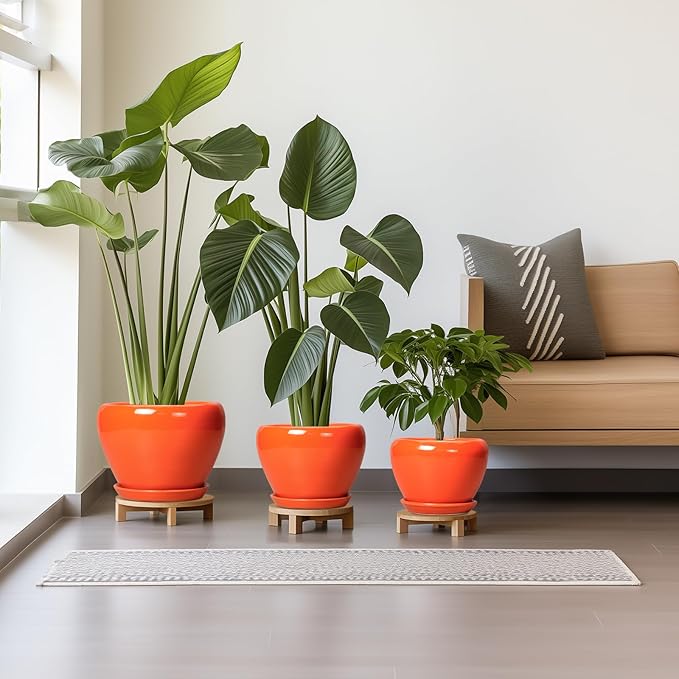 Ceramic Planter - 10 Inch 8 Inch 6 Inch Plant Pot with Drainage Holes and Saucers, Round Planters for Indoor Outdoor, Modern Flower Pots, House Garden Room Decor, Gardening Gifts, Orange
