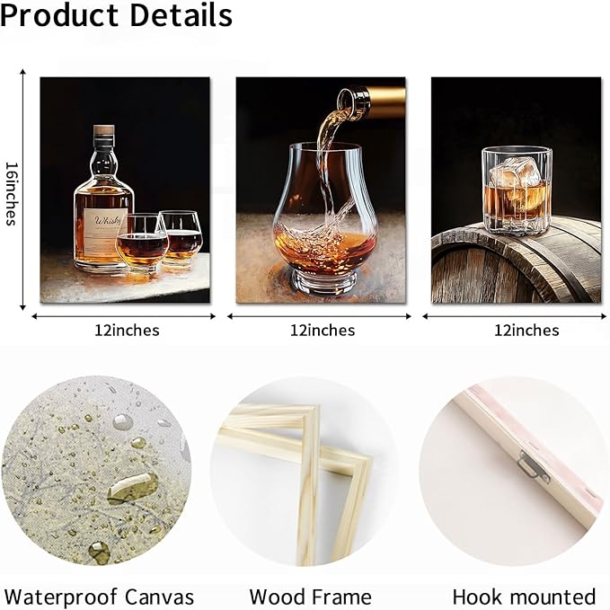 AoArtWZ Whisky Glasses Canvas Wall Art 3 Piece Whisky Bottle and Barrel Painting Pictures Prints Home Bar Mens Room Decor Framed Artwork 12" x 16" x 3pcs