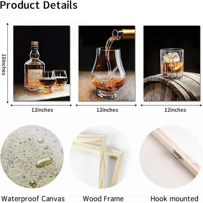 AoArtWZ Whisky Glasses Canvas Wall Art 3 Piece Whisky Bottle and Barrel Painting Pictures Prints Home Bar Mens Room Decor Framed Artwork 12" x 16" x 3pcs