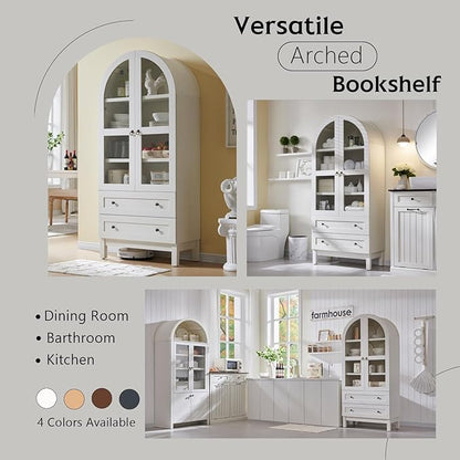 71" Tall Arched Bookshelf, 4-Tier Bookcase with Glass Doors and Shelves, Wooden Display Cabinet w/2 Large Storage Drawers, Modern Farmhouse Versatile Bookshelf for Living Room, Bedroom, White