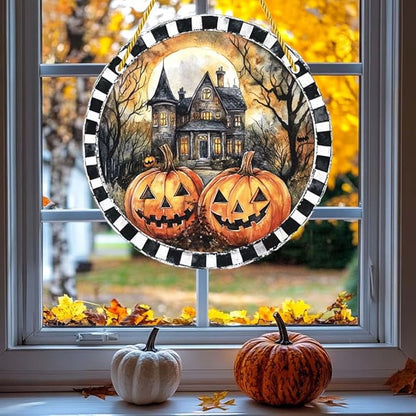 Acrylic Window Hanging Castle Pumpkins Stained Panel Window Decoration for Halloween Decorations Outdoor Indoor Garden Yard Home Halloween Decor 8 Inch