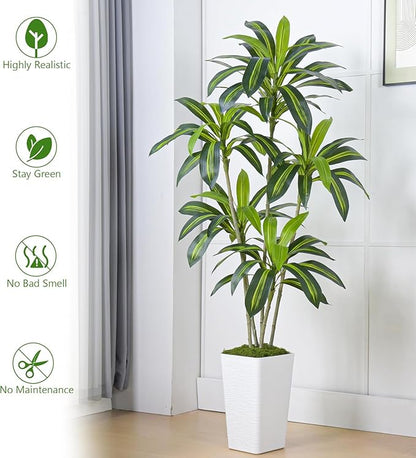 Artificial Dracaena Tree, 6FT Artificial Plants Indoor with White Tall Planter, Faux Yucca Silk Tree Fake Tropical Floor Plant in Pot, Fake Plants for Home House Room Office Entryway Porch Decor