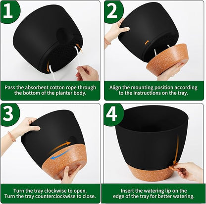 GARDIFE 12 inch planters, Plant Pots,Self Watering Pots, Large Plastic Flower pots with Deep Reservior and High Drainage Holes for Indoor Outdoor Plants and Flowers, Black