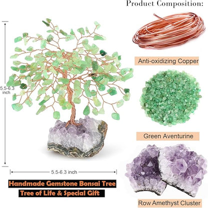 Gemstone Crystal Tree of Life,Natural Green Aventurine with Amethyst Cluster Base,Feng Shui Gift Bonsai Money Tree,Home Decor for Luck and Wealth 5.5"-6.3"