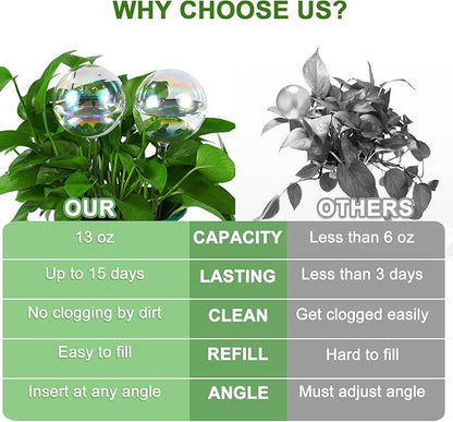 13 oz Up to 15 Days Extra Large Plant Watering Globes 2PCS, Light Iridescent Glass Self Water Bulbs for Indoor Outdoor Plants, Vacation Automatic Planter Waterer System Self-Watering Stakes