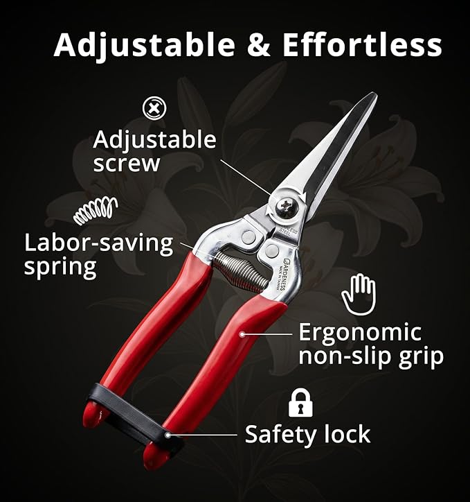 Gardeness Pruning Shear Straight Pruning Snip with Stainless Steel Serrated Blade, Adjustable Joint Screw Micro Tip Garden Scissor for Arranging, Trimming, Harvesting Fruit, Vegetables, Made in Taiwan