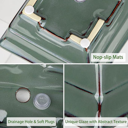 Ceramic Bonsai Pots with Drainage Hole Set of 2, Green Glazed Bonsai Planters for Indoor/Outdoor Use, Rectangular Shallow Bonzai Tree Pot for Succulent, Orchids, Cacti, Home, Patio, Garden, 6.3"x4.9"