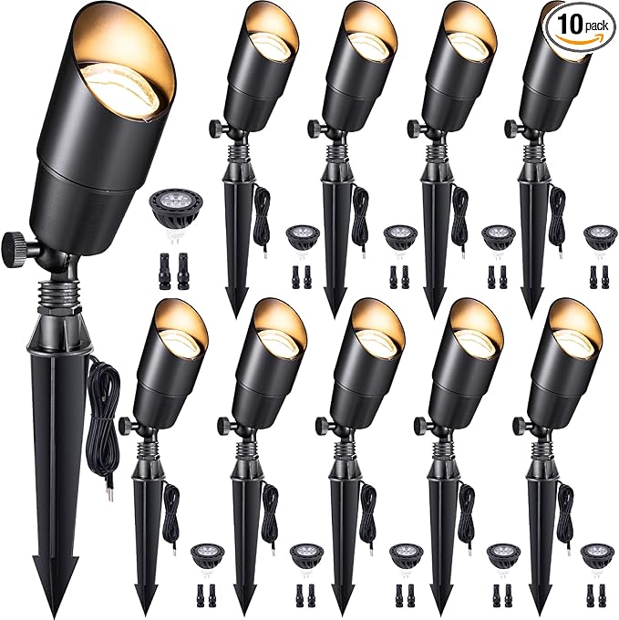 Gardenreet LED Low Voltage Spotlight - 12V AC/DC Black Outdoor Light Fixture, Brass Landscape Lights Hardwired, Weather Proof for Wall Wash Flag with Warm White MR16 Removable Bulbs (10 Pack)