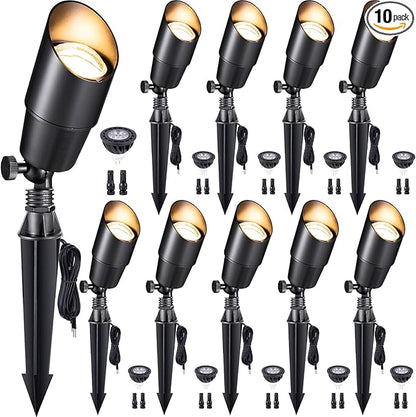 Gardenreet LED Low Voltage Spotlight - 12V AC/DC Black Outdoor Light Fixture, Brass Landscape Lights Hardwired, Weather Proof for Wall Wash Flag with Warm White MR16 Removable Bulbs (10 Pack)