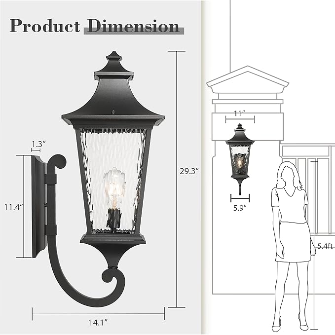 Emliviar 29.3" Large Exterior Wall Light, Outdoor Wall Sconce Suitable for House Porch, Water Ripple Glass in Black Finish, XE292UB-L SW BK