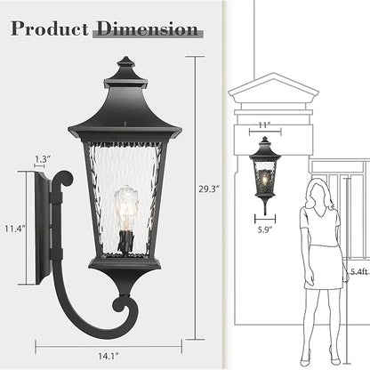 Emliviar 29.3" Large Exterior Wall Light, Outdoor Wall Sconce Suitable for House Porch, Water Ripple Glass in Black Finish, XE292UB-L SW BK
