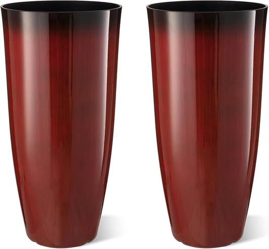 Glitzhome 30" H Oversized Tall Planter, Set of 2 Large Outdoor Planters with Drainage Holes, Gradient Red Faux Ceramic Finish, Large Flower Pots Plastic Plant Pots for Indoor Outdoor Front Door Patio