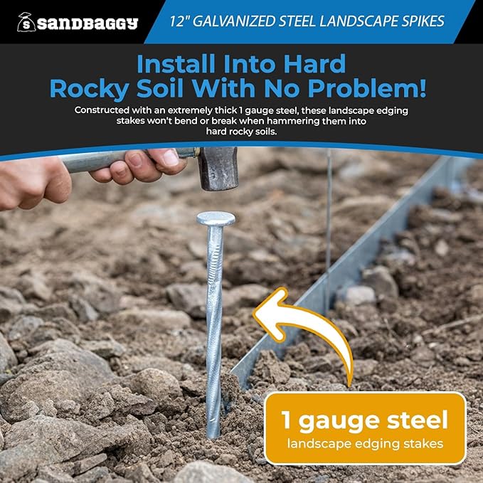 12 in. Galvanized Spiral Landscape Edging Spikes - 1 Gauge Steel - Sandbaggy (12 inch, 100, Count)