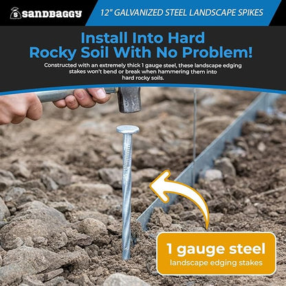 12 in. Galvanized Spiral Landscape Edging Spikes - 1 Gauge Steel - Sandbaggy (12 inch, 100, Count)