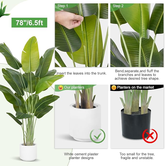 Artificial Bird of Paradise Plant 6.5Ft Tall Fake Tropical Palm Tree Large Fake Plants with 15 Silk Banana Leaves Faux Plant Indoor Decor Trees White Pot for Home Bedroom Living Room Office