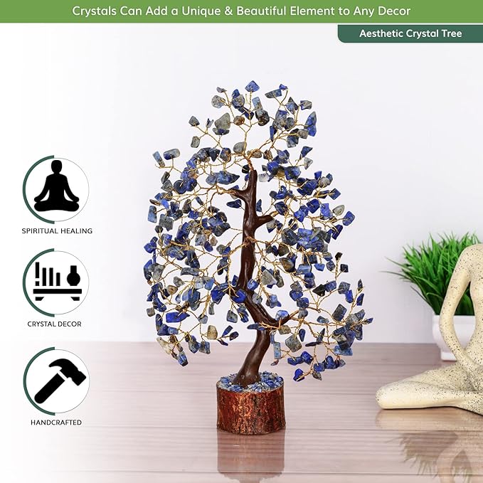 NARIBABU Lapis Lazuli Crystal Tree – 10-12 Inch Gemstone Tree with Golden Wire & Wooden Base – Healing Crystals Decor, Gifts for Her, Birthday Gift for Women, Spiritual Energy