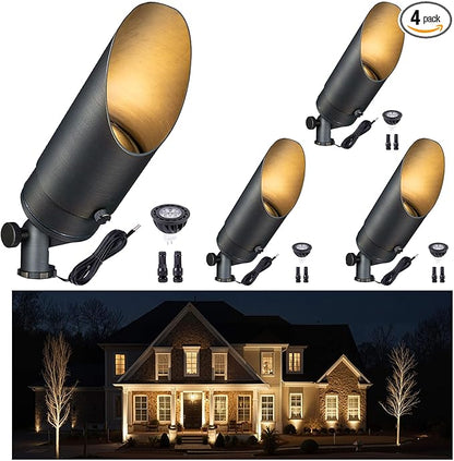 Gardenreet Brass Landscape Lighting - Low Voltage Outdoor Spotlights, Wired LED Uplights 12V, Waterproof Spot Lights, Antique Bronze for Outside Trees with Warm White MR16 Bulb (4 Pack)