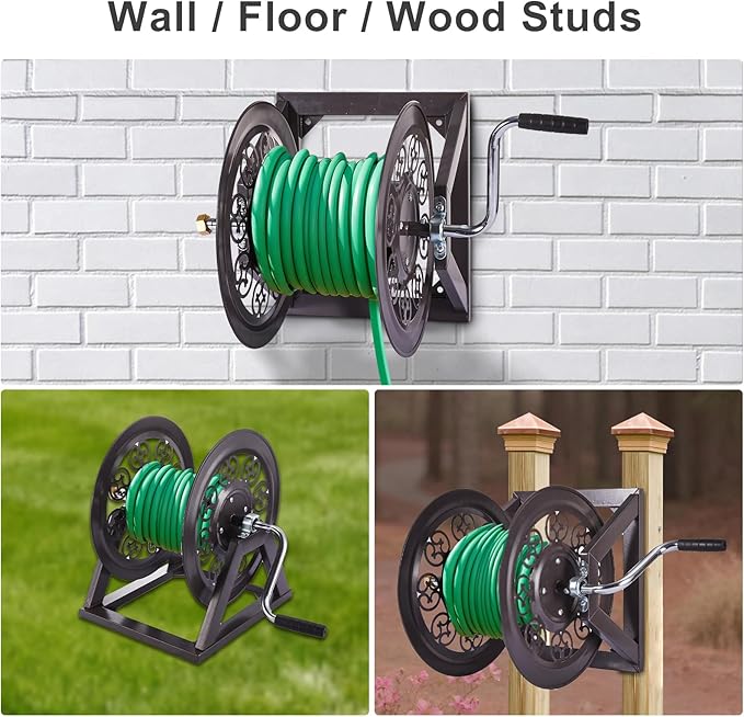 Garden Hose Reel Decorative Cast Wall/Floor/Wood Studs Mount Hose Reel, Garden Heavy-Duty Water Hose Holder Winder Holds 108-Feet of 3/4-Inch Hose - Bronze