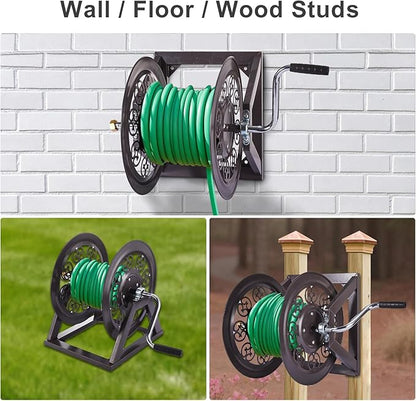 Garden Hose Reel Decorative Cast Wall/Floor/Wood Studs Mount Hose Reel, Garden Heavy-Duty Water Hose Holder Winder Holds 108-Feet of 3/4-Inch Hose - Bronze