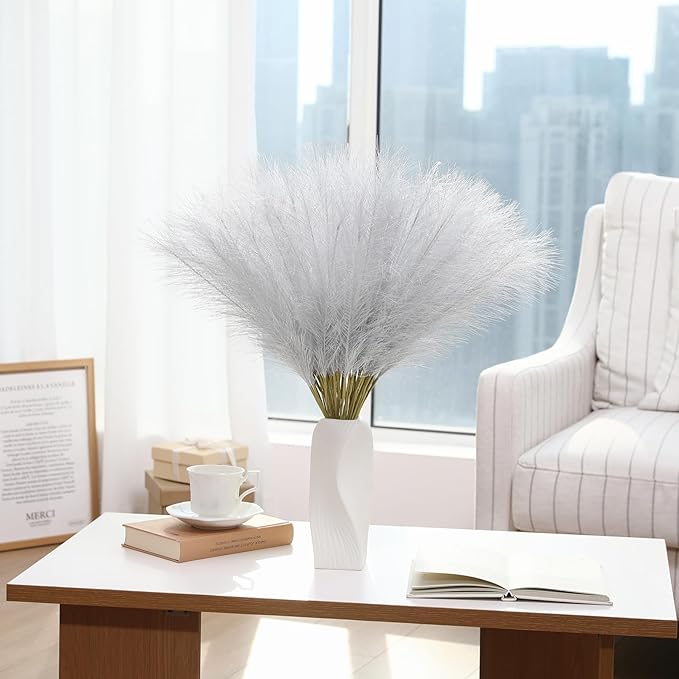 Faux Silver Pampas Grass - 30pcs 24 Inch Short Artificial Pampas Grass Decor, Fake Pompas Floral for Vase Filler, Wedding Flower Arrangement, Party and Home Decor (Silver, 30 Pieces)