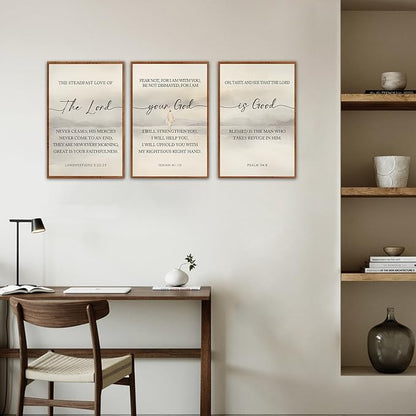 HLNIUC Scriptures Framed Wall Art,Inspiring Christian Scripture Wall Art Set of 3(16”x24”)The Lord Your God Is Good Bible Verse Wall Decor,Modern Religious Quotes Canvas Art Print for Home Living Room