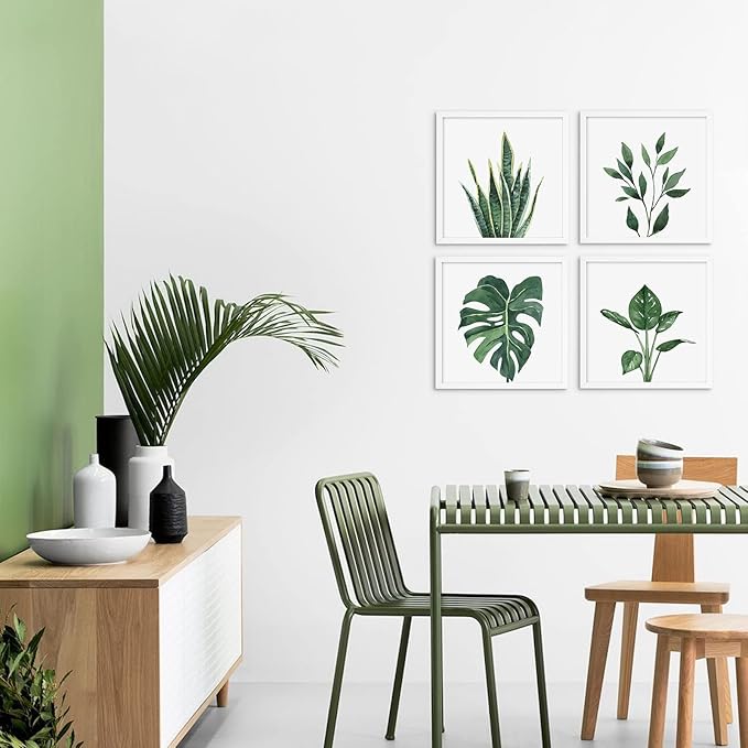 ArtbyHannah Framed Bathroom Wall Decor, 10x10 Inch Botanical Wall Art with Sage Green Plant Print for Wall Decoration, Minimalist Restroom Decor (White)
