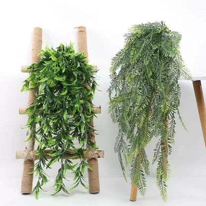 6 Pack Artificial Hanging Plants, Wall Mounted Eucalyptus Plant Pots Faux Greenery, Imitation Datura Vine, Boston Fern, For Indoor Outdoor Shelf Fake Plant (Cattail leaf/Pine pine/Small monstera)
