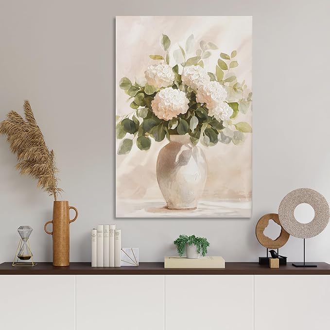 Hand painted Rustic Farmhouse Flower Canvas Wall Art, White Hydrangeas Wall Decor Pictures ,Soothing Calming Nature Botanical Vintage Floral Country Prints Artwork for Bedroom Living Room 16x24in