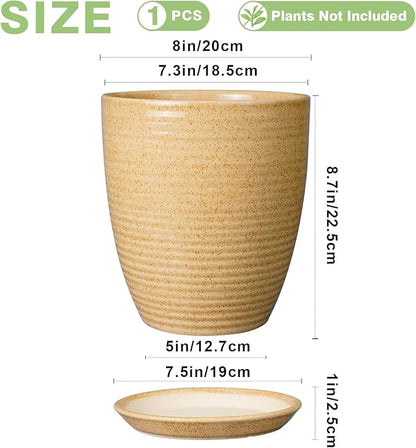 Pot for Plants 8 Inch - Ceramic Planter Indoor Plant Pot with Drainage Hole and Saucer Planter for Outdoor Plants Round Flower Pot for Home Patio Garden Office Decor Yellow