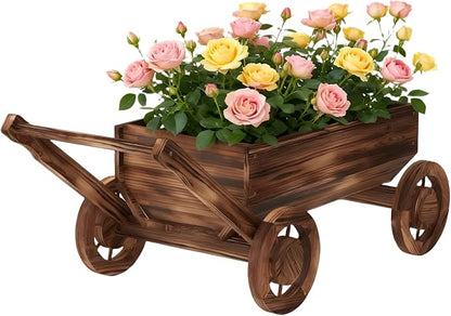 Wooden Flower Cart with Wheels Wooden Wagon Planter Outdoor Garden Planter Decor Planter for Patio Balcony Trolley Decoration Succulent Flower Pot, Indoor Backyard Balcon Decor（L）