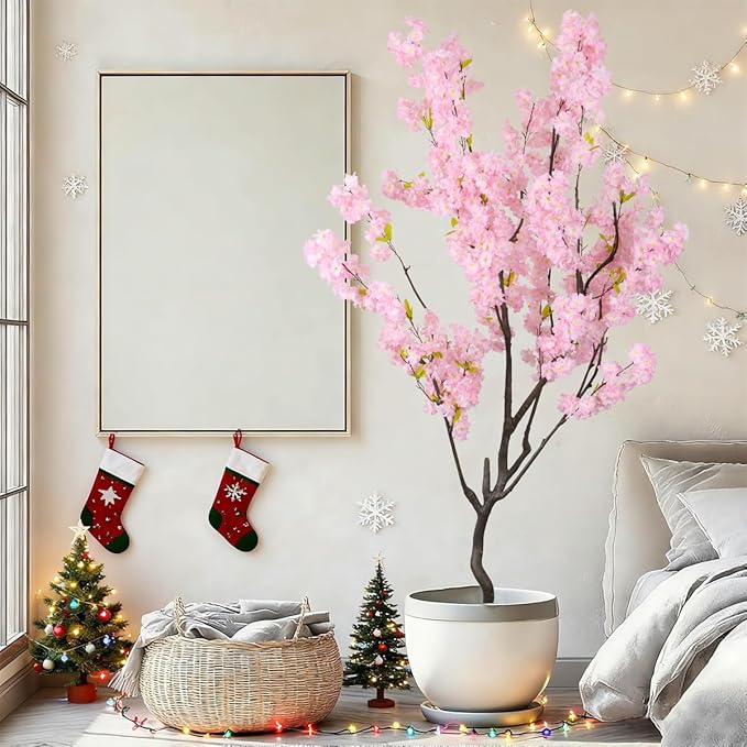 7.2ft Artificial Cherry Blossom Tree for Indoor Decor,Nearly Nature Pink Silk Flowers Fake Tree Tall,Realistic Faux Cherry Plant Tree for Christmas New Year Decor
