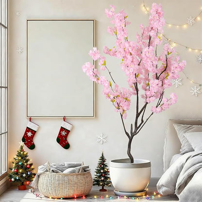 7.2ft Artificial Cherry Blossom Tree for Indoor Decor,Nearly Nature Pink Silk Flowers Fake Tree Tall,Realistic Faux Cherry Plant Tree for Christmas New Year Decor