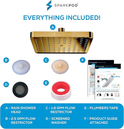 SparkPod Shower Head - High Pressure Rain - Premium Quality Luxury Design - 1-Min Install - Easy Clean Adjustable Replacement for Your Bathroom Shower Heads (Egyptian Gold, 8 Inch Square)