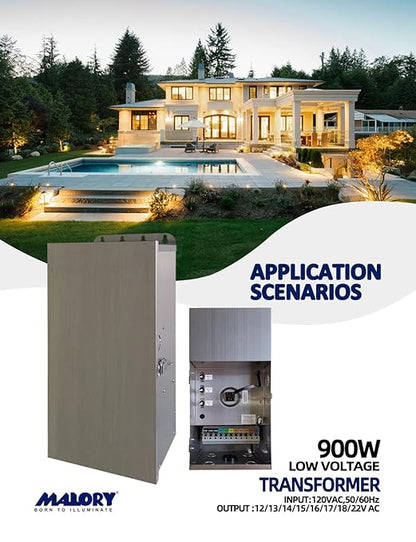 MALORY 900W Low Voltage Transformer for Landscape Lighting(19''H),120V AC to 12/13/14/15/16/17/18/22V Multi-Tap Power Supply for Outdoor Landscape Lights,Yard Lights,Garden Lights(Transformer only)