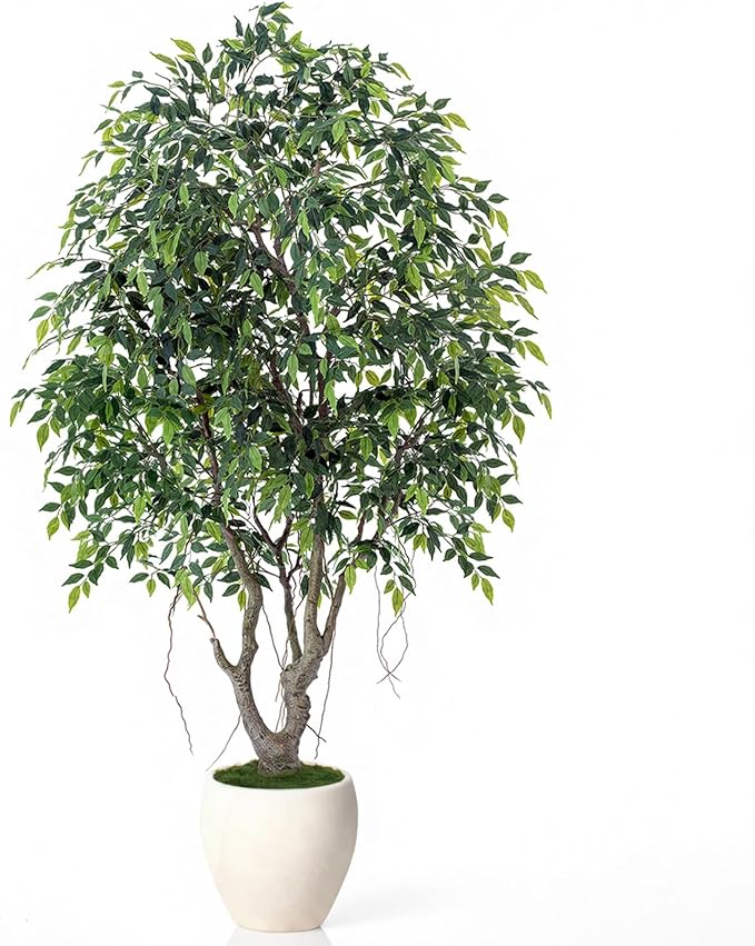 8ft Luxury Ficus Artificial Trees with Natural Curved Trunks, 96" Tall Lush Faux Banyan Tree in Round Artisan Planter for Home Decor Indoor, Large Fake Tree for Big House Home Villa Office