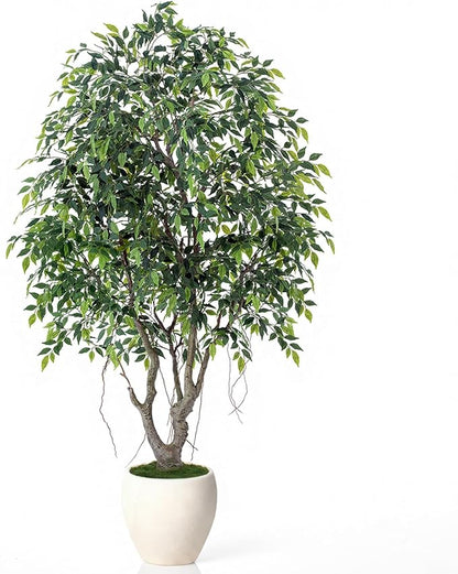 8ft Luxury Ficus Artificial Trees with Natural Curved Trunks, 96" Tall Lush Faux Banyan Tree in Round Artisan Planter for Home Decor Indoor, Large Fake Tree for Big House Home Villa Office