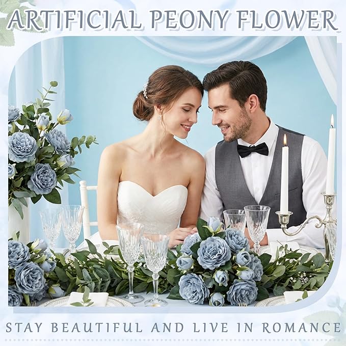 36 Bundles Artificial Flowers Peonies Roses Fake Bouquet for Wedding Bridal Shower Valentine's Day Decorations Fake Floral Arrangements Table Centerpieces Home Decor(Dusty Blue)